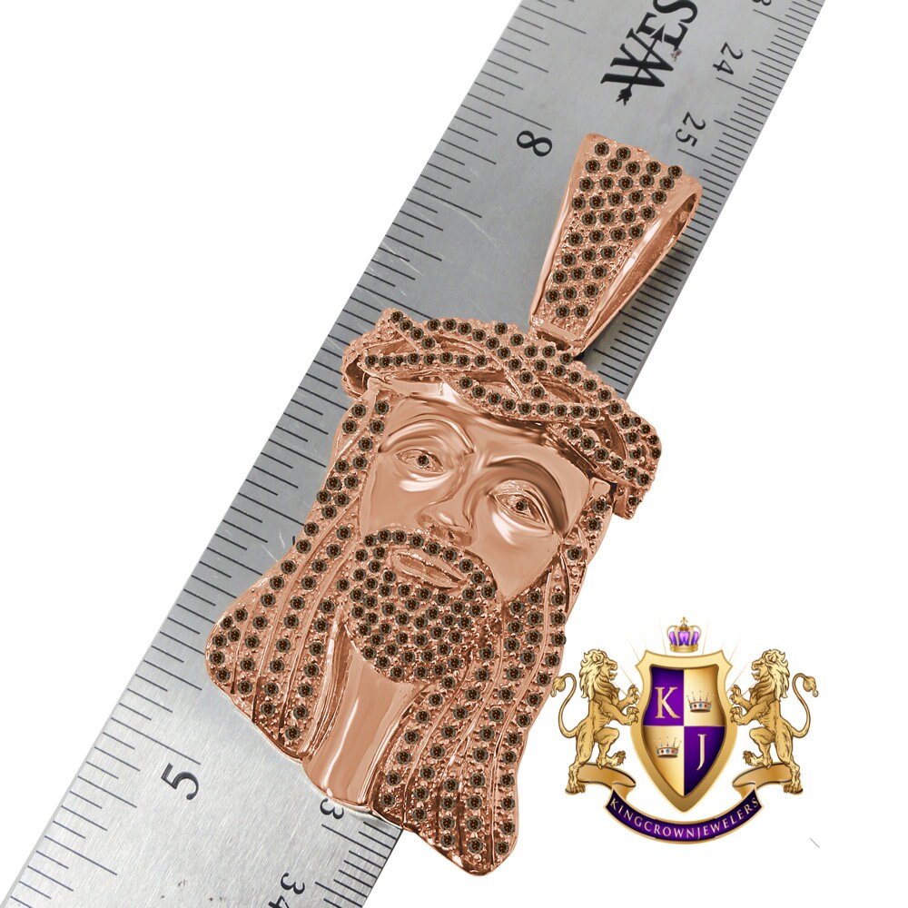 Brown Chocolate 14K Rose Gold On Genuine Sterling Silver Simulated Diamond Holy Jesus Face Pendent Religious Charm Big  2.80''