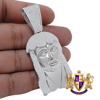 Genuine White Gold Over Real Sterling Silver Simulated Diamond Holy Jesus Face Pendent Religious Charm 2.85''