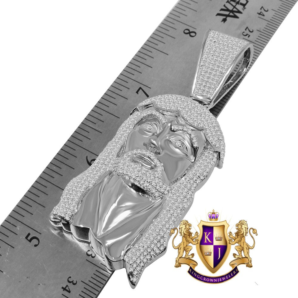 Genuine White Gold Over Real Sterling Silver Simulated Diamond Holy Jesus Face Pendent Religious Charm 2.85''