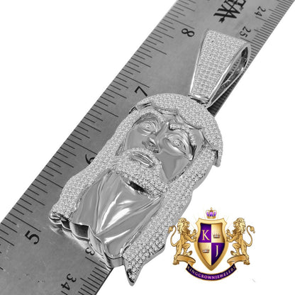 Genuine White Gold Over Real Sterling Silver Simulated Diamond Holy Jesus Face Pendent Religious Charm 2.85''