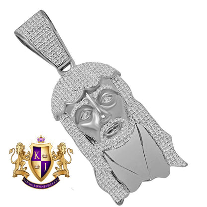 Genuine White Gold Over Real Sterling Silver Simulated Diamond Holy Jesus Face Pendent Religious Charm 2.85''
