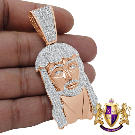 14K Rose Gold Over Real Sterling Silver Simulated Diamond Holy Jesus Face Pendent Religious Charm 2.85''