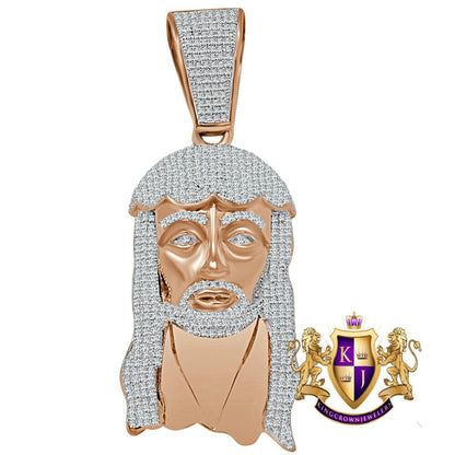 14K Rose Gold Over Real Sterling Silver Simulated Diamond Holy Jesus Face Pendent Religious Charm 2.85''