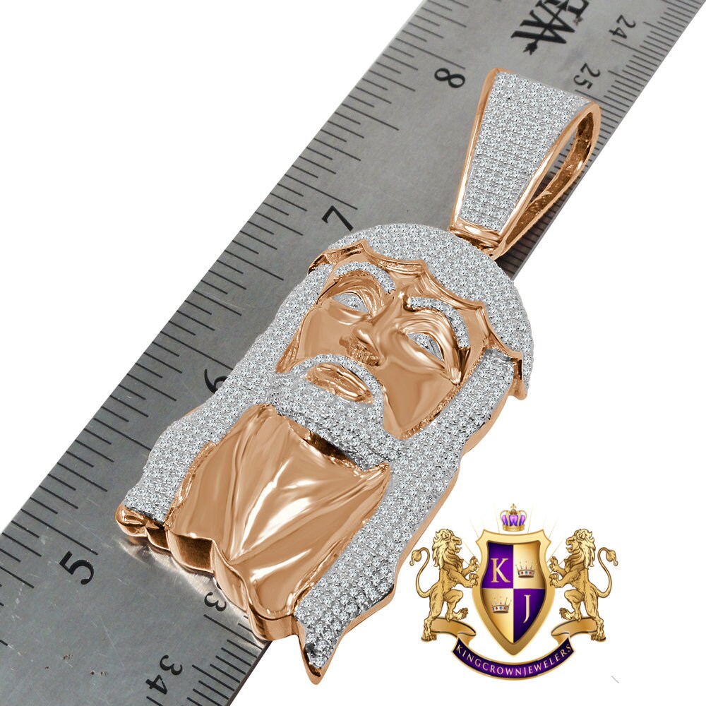 14K Rose Gold Over Real Sterling Silver Simulated Diamond Holy Jesus Face Pendent Religious Charm 2.85''