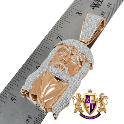14K Rose Gold Over Real Sterling Silver Simulated Diamond Holy Jesus Face Pendent Religious Charm 2.85''