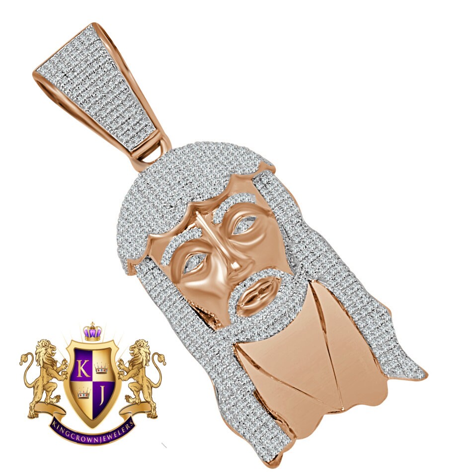 14K Rose Gold Over Real Sterling Silver Simulated Diamond Holy Jesus Face Pendent Religious Charm 2.85''