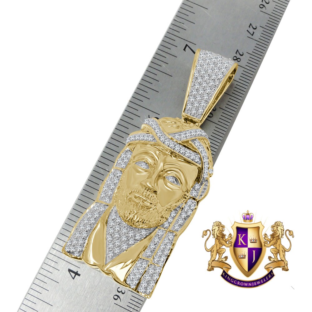 Real Genuine Sterling Silver 34+ Grams Jesus Face Piece Custom Charm Yellow Gold Tone Simulated Diamond Pendent Big 2.80''