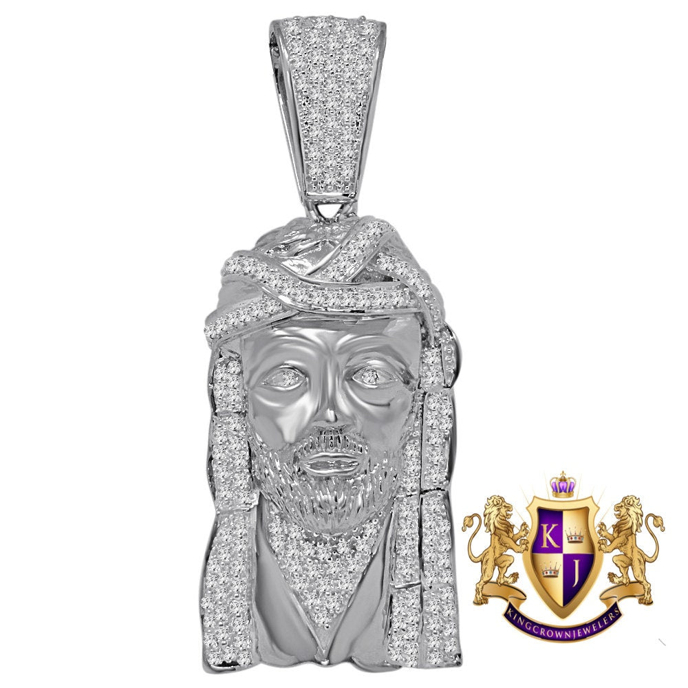 Jesus Face Piece Custom Charm 14K White Gold Tone Simulated Diamond Pendent 2.80''
