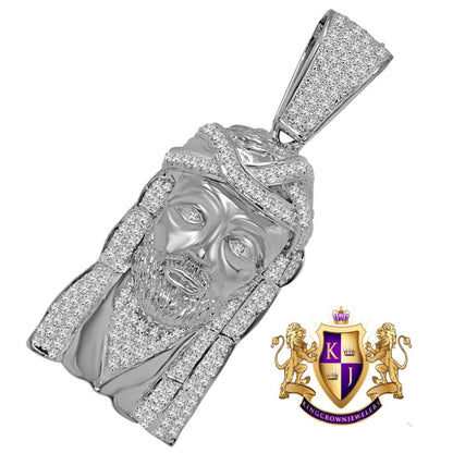 Jesus Face Piece Custom Charm 14K White Gold Tone Simulated Diamond Pendent 2.80''