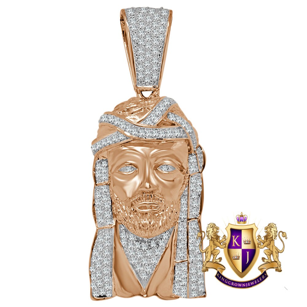 Jesus Face Piece Custom Charm 14K Rose Gold Tone Simulated Diamond Pendent 2.80''