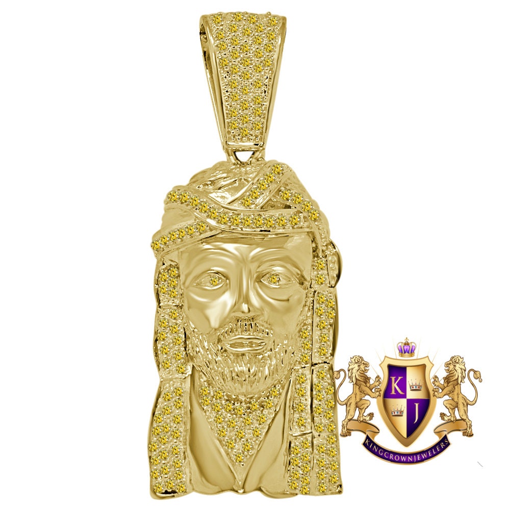 Canary Yellow Jesus Face Piece Custom Charm Gold Tone Simulated Diamond Pendent 2.80''