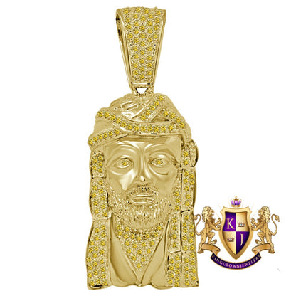 Canary Yellow Jesus Face Piece Custom Charm Gold Tone Simulated Diamond Pendent 2.80''