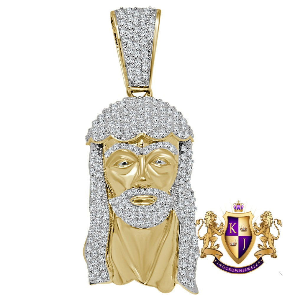 Men's Holy Jesus Face Pendent 3'' Genuine Yellow Gold Sterling Silver Simulated Diamond Religious Charm