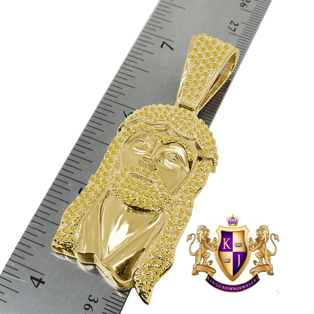 Canary Lemonade Jesus Face Pendent 3'' Genuine Yellow Gold Sterling Silver Simulated Diamond Religious Charm