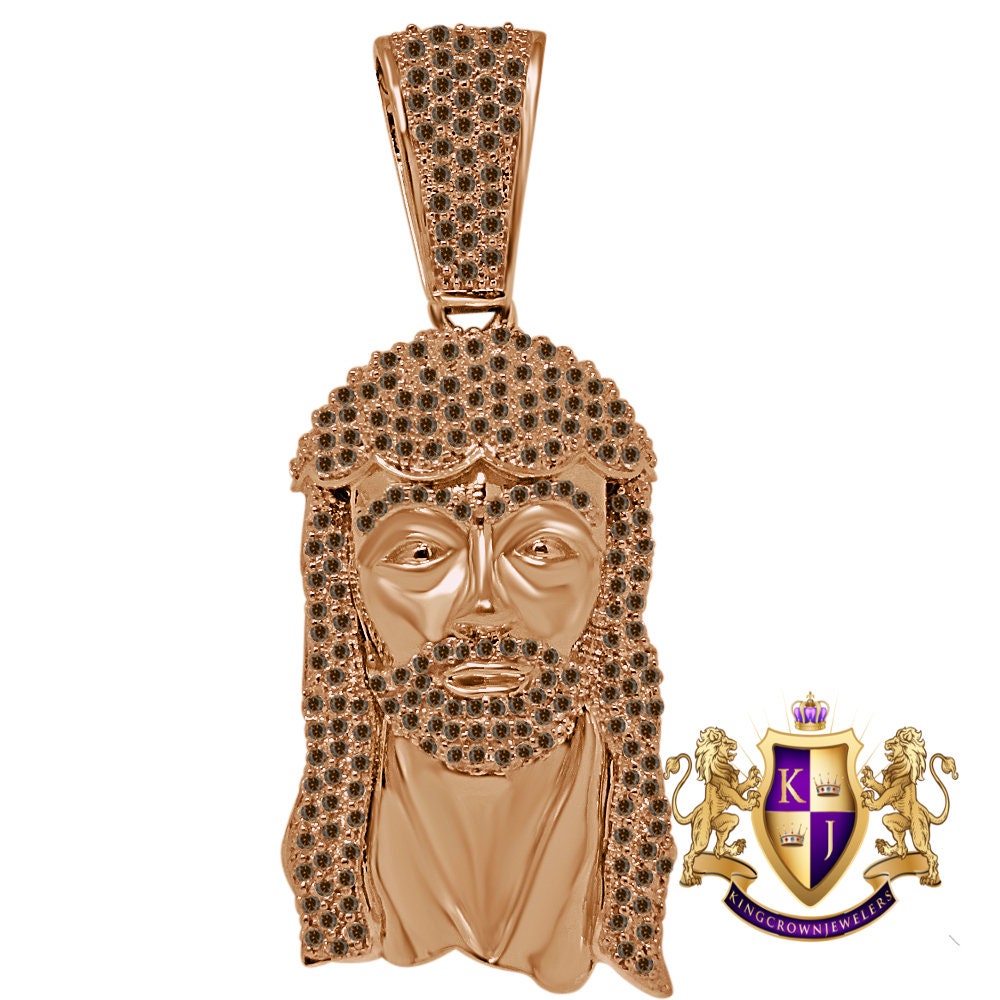 Jesus Face Pendent 3'' 14K Rose Gold On Real Sterling Silver Brown Chocolate Simulated Diamond Religious Charm