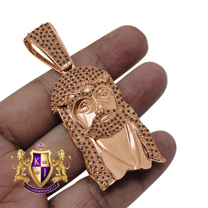 Jesus Face Pendent 3'' 14K Rose Gold On Real Sterling Silver Brown Chocolate Simulated Diamond Religious Charm