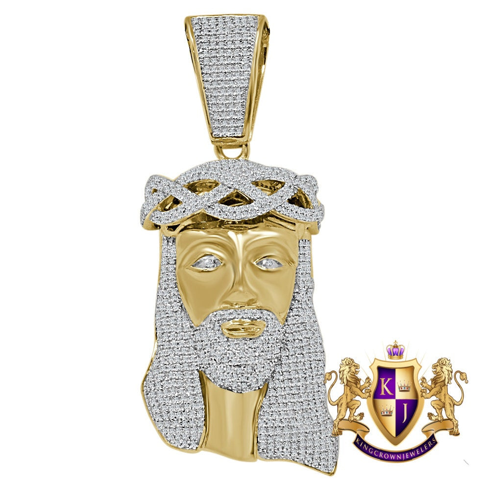 Jesus Crist Holy Face Pendent 2.80'' Real Yellow Gold Over Genuine Sterling Silver Simulated Diamond Religious Charm