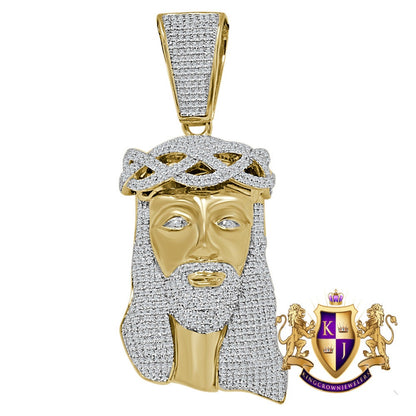 Jesus Crist Holy Face Pendent 2.80'' Real Yellow Gold Over Genuine Sterling Silver Simulated Diamond Religious Charm