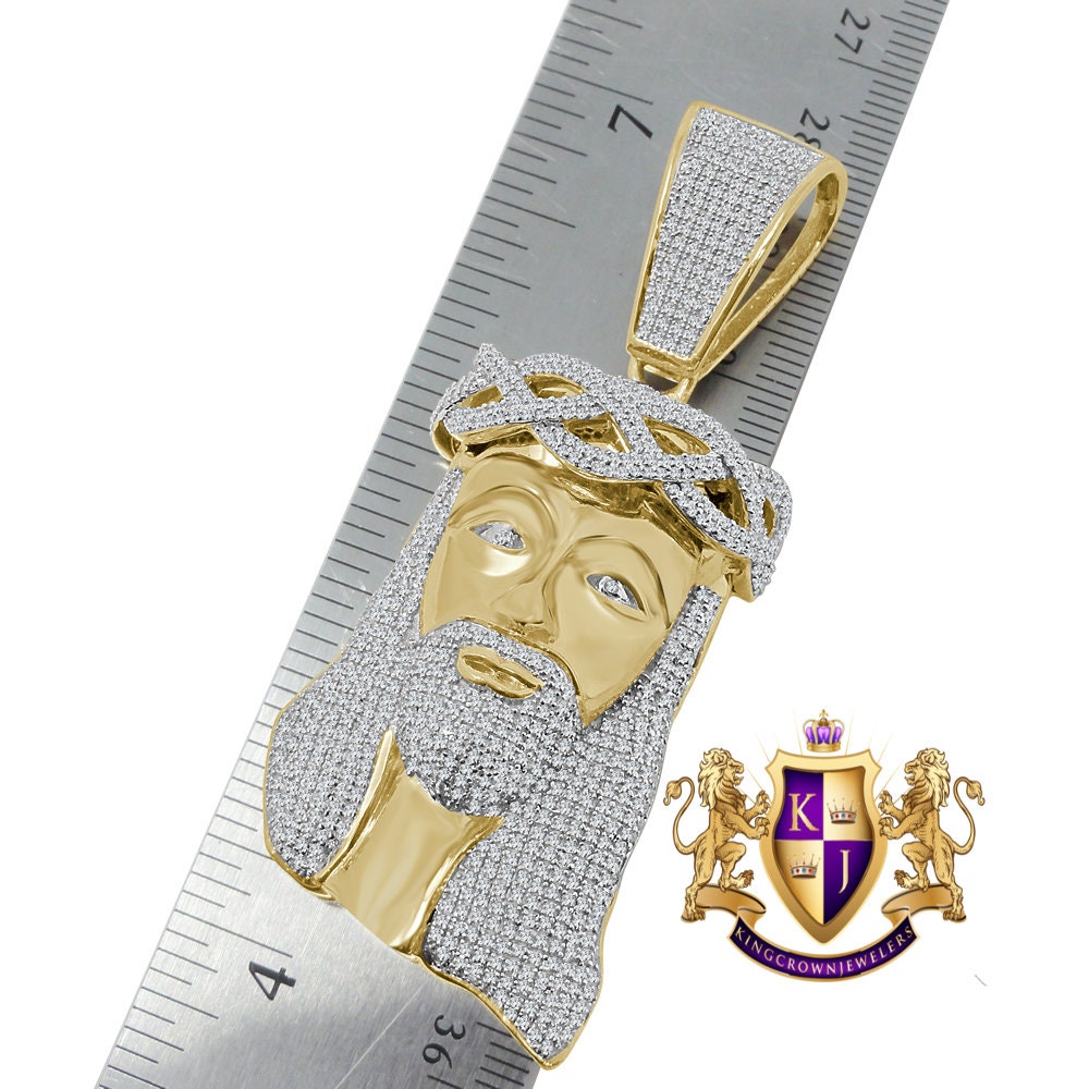 Jesus Crist Holy Face Pendent 2.80'' Real Yellow Gold Over Genuine Sterling Silver Simulated Diamond Religious Charm