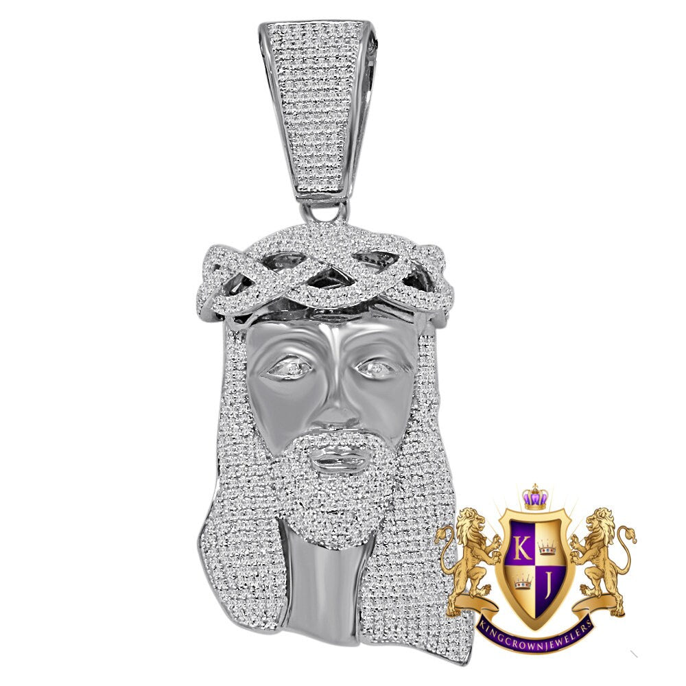 Jesus Crist Holy Face Pendent 2.80'' Real White Gold Over Genuine Sterling Silver Simulated Diamond Religious Charm