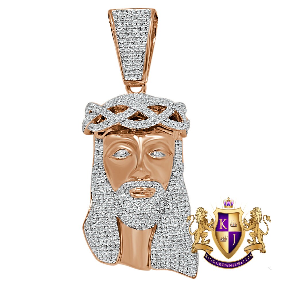 Jesus Crist Holy Face Pendent 2.80'' Real Rose Gold Over Genuine Sterling Silver Simulated Diamond Religious Charm