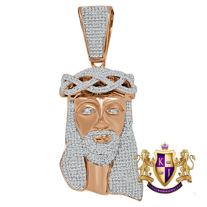 Jesus Crist Holy Face Pendent 2.80'' Real Rose Gold Over Genuine Sterling Silver Simulated Diamond Religious Charm