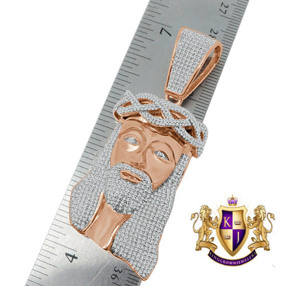 Jesus Crist Holy Face Pendent 2.80'' Real Rose Gold Over Genuine Sterling Silver Simulated Diamond Religious Charm