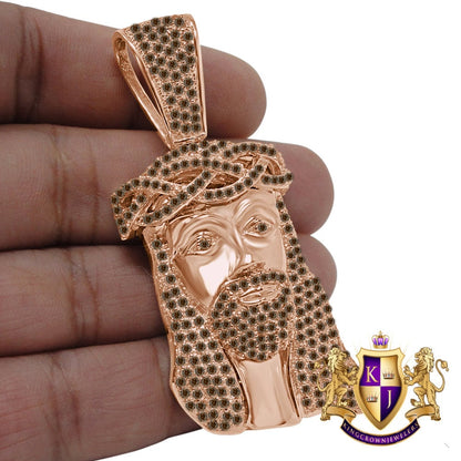 Chocolate Jesus Face Piece Custom Charm Rose Gold Tone Brown Simulated Diamond Pendent 2.85'''