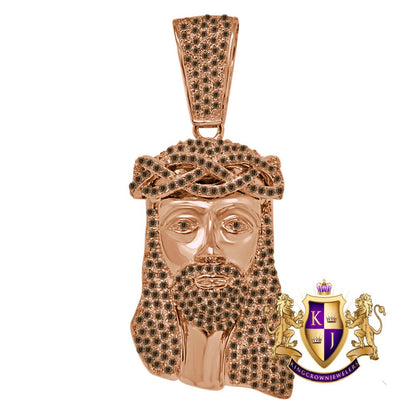 Chocolate Jesus Face Piece Custom Charm Rose Gold Tone Brown Simulated Diamond Pendent 2.85'''