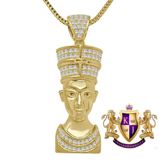 Real Genuine Italian Sterling Silver 1.00 Ct. Simulated Diamond 14K Gold Finish Egyptian Pharaoh Nefertiti Cleopatra Pendant Charm Chain Set
