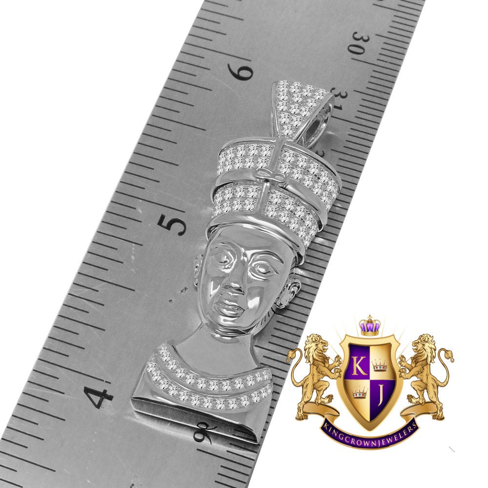 14K White  Gold On Sterling Silver Simulated Diamonds Egyptian Pharaoh Nefertiti Cleopatra Pendant Charm  Chain Set