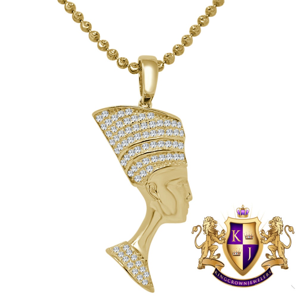 14K Gold On Real Italian Sterling Silver Egyptian Queen Nefertiti Mini Pendent Pave Charm + Chain