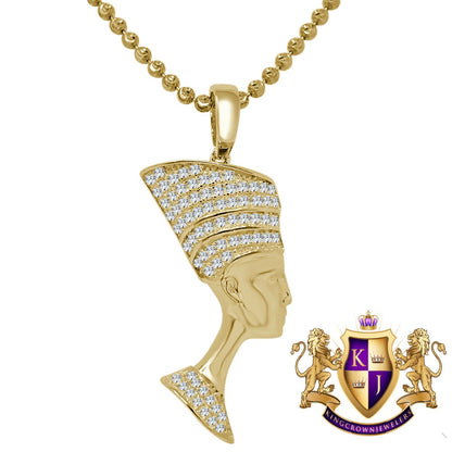 14K Gold On Real Italian Sterling Silver Egyptian Queen Nefertiti Mini Pendent Pave Charm + Chain