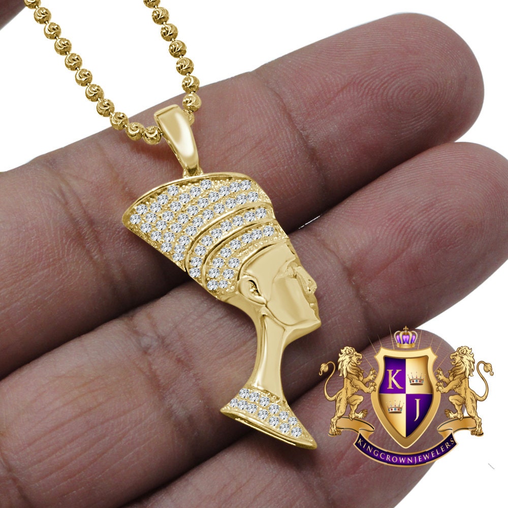 14K Gold On Real Italian Sterling Silver Egyptian Queen Nefertiti Mini Pendent Pave Charm + Chain