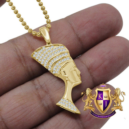 14K Gold On Real Italian Sterling Silver Egyptian Queen Nefertiti Mini Pendent Pave Charm + Chain