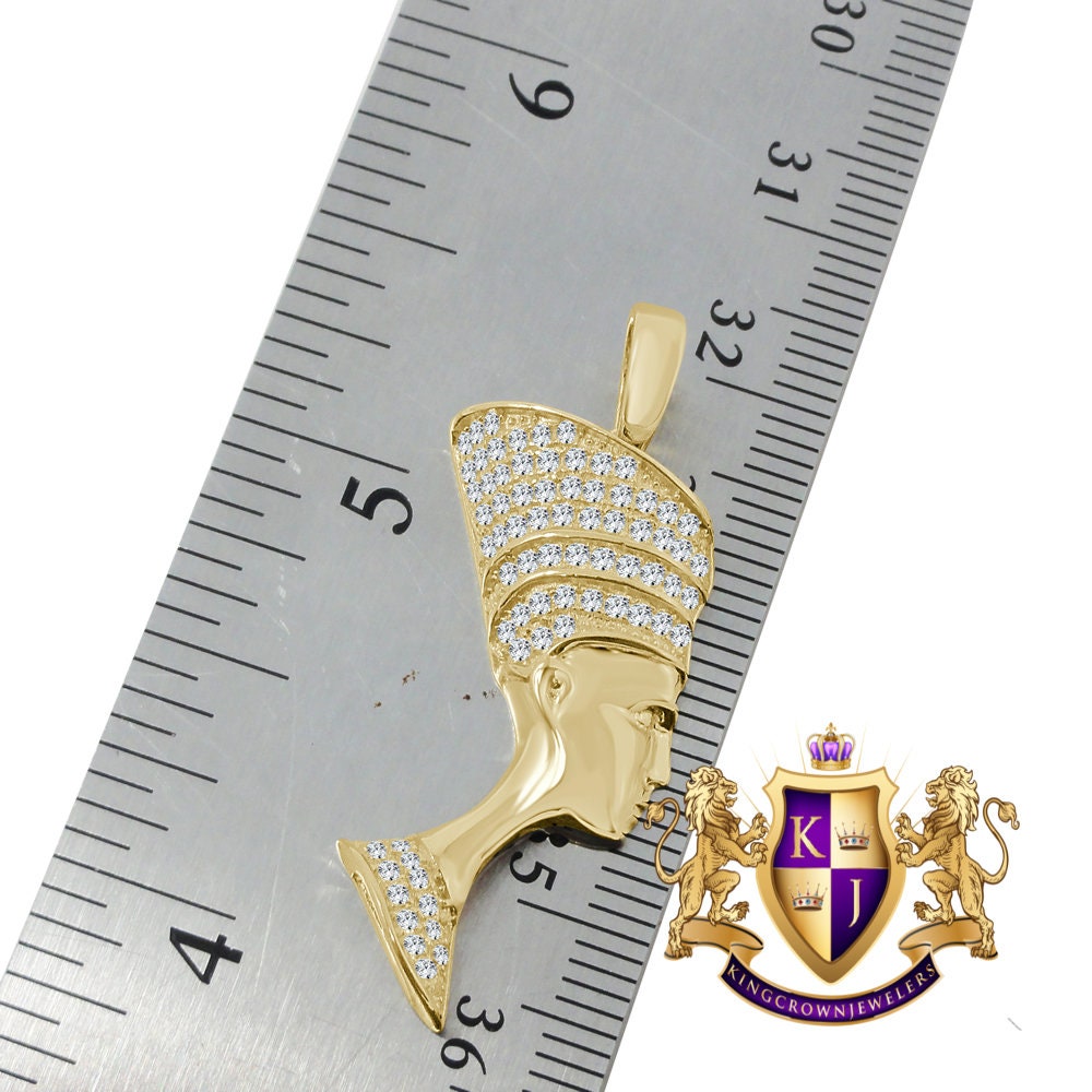 14K Gold On Real Italian Sterling Silver Egyptian Queen Nefertiti Mini Pendent Pave Charm + Chain