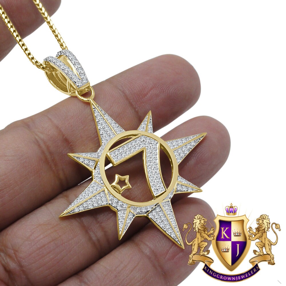 Real Genuine Sterling Silver Five Percenter 2.00 Cwt. Simulated Diamond 14K Gold On Allah Five-Percent Nation Pendant Muslim Charm Chain Set