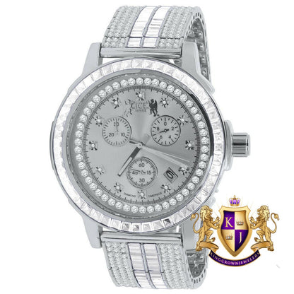 Mens 18K White Gold Finish Solid Stainless Steel Bezel W/Date Function Adjustable Custom Band Watch