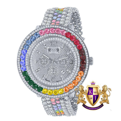 Genuine Diamond Dial Rainbow Solitaire Iced Out Mens Watch 18K White Gold Finish Khronos Stainless Steel Back W/Date