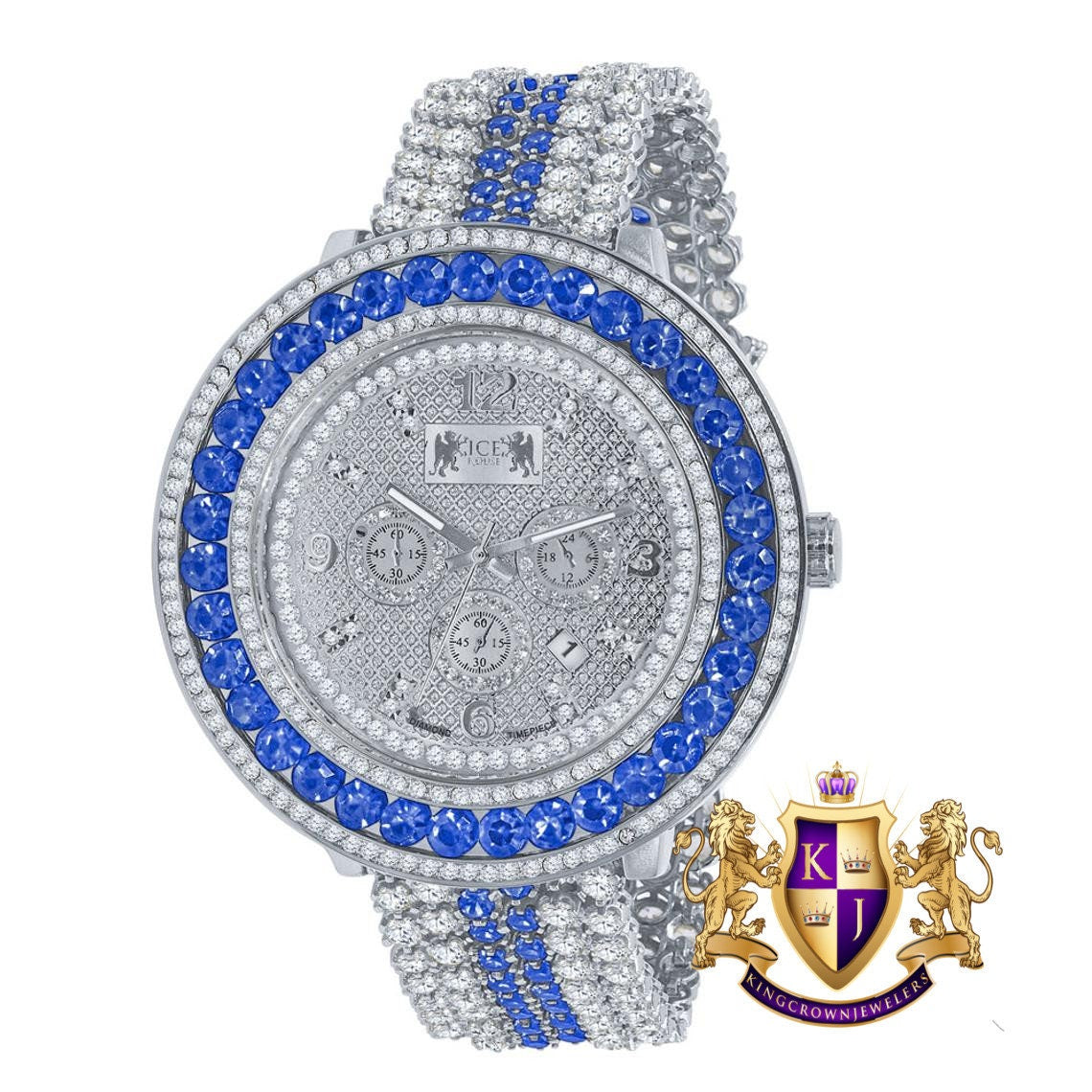 Khronos Stainless Steel Back W/Date Watch Real Diamond Dial Blue Solitaire Iced Out Mens 18K White Gold Finish