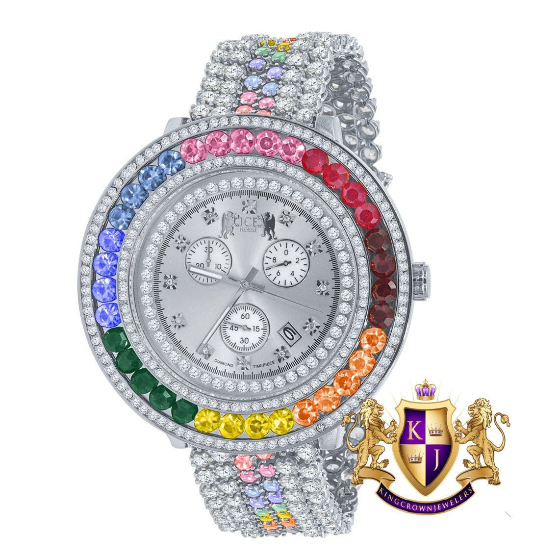 Mens Custom Watch Rainbow Multi Tone Real Diamond Dial 18k White Gold Finish Stainless Steel Back XL 60mm  W/Date