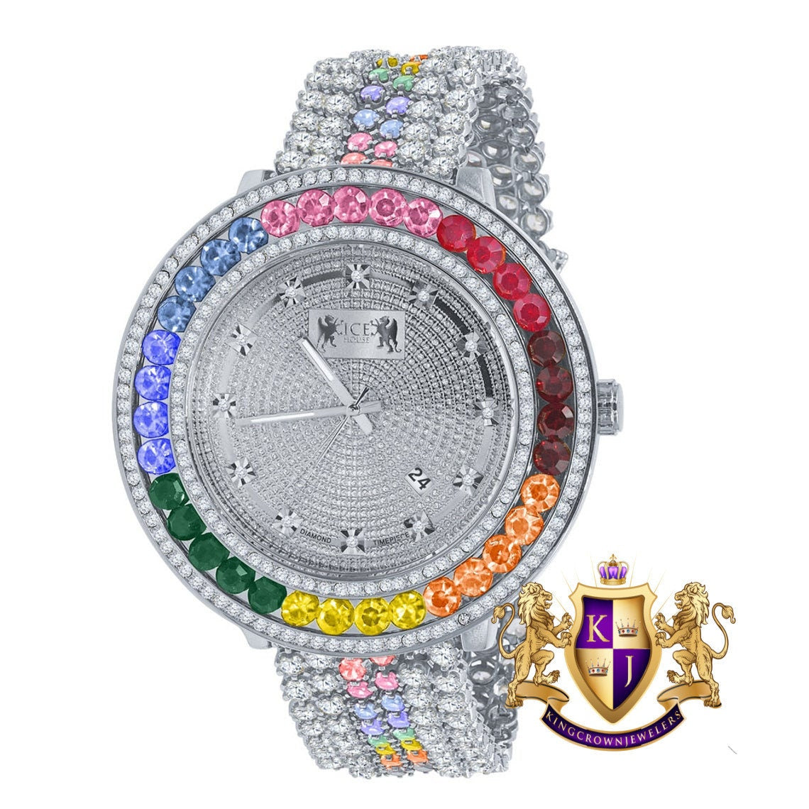 Custom Diamond Dial Rainbow colored Bezel Band White Gold Finish Men's Custom Watch W/Date Function