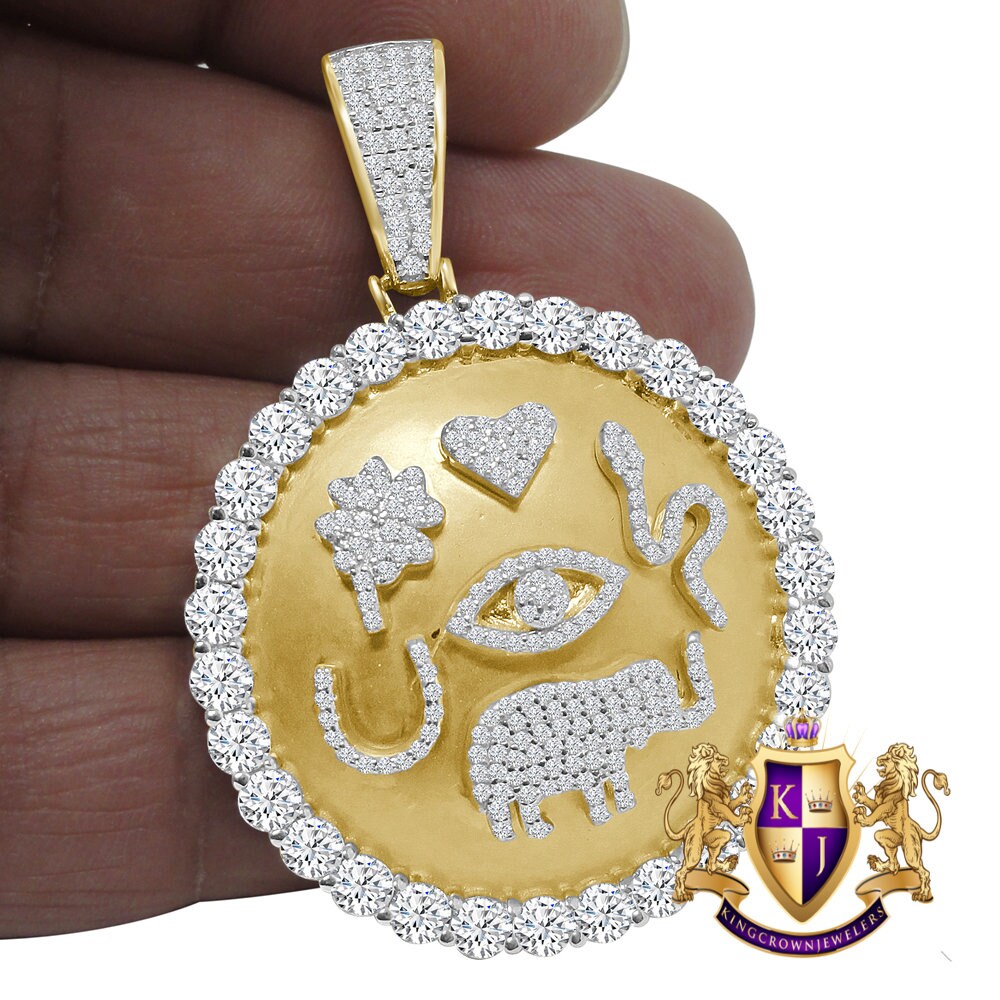 Men's Real Yellow Gold On Sterling Silver Simulated Diamond Egyptian Accent Symbols Pendent Charm Medallion