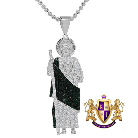 14K White Gold On Real Sterling Silver Simulated Diamond Saint Jude San Judas Tadeo Pendent Charm Chain Set 2.15''