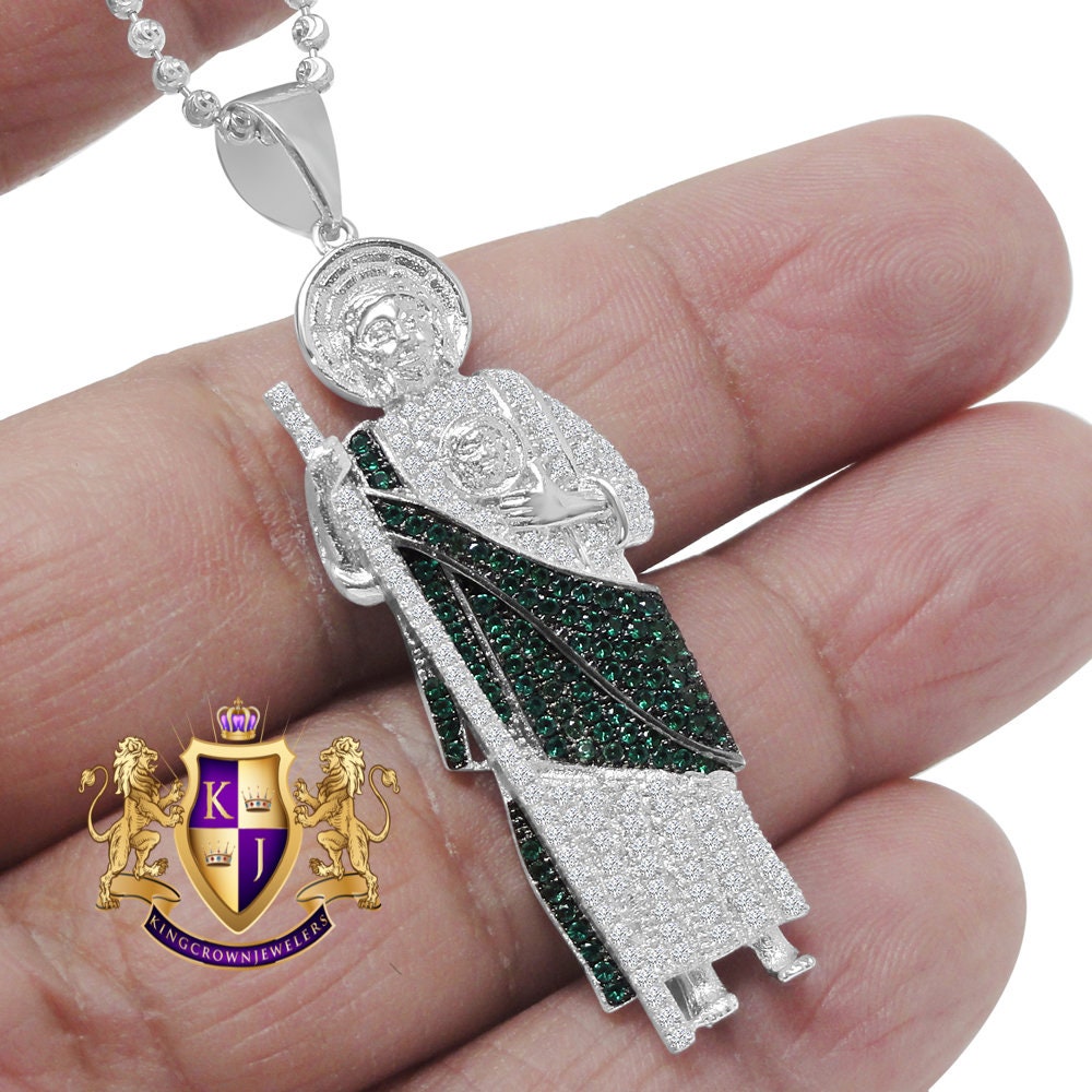 14K White Gold On Real Sterling Silver Simulated Diamond Saint Jude San Judas Tadeo Pendent Charm Chain Set 2.15''
