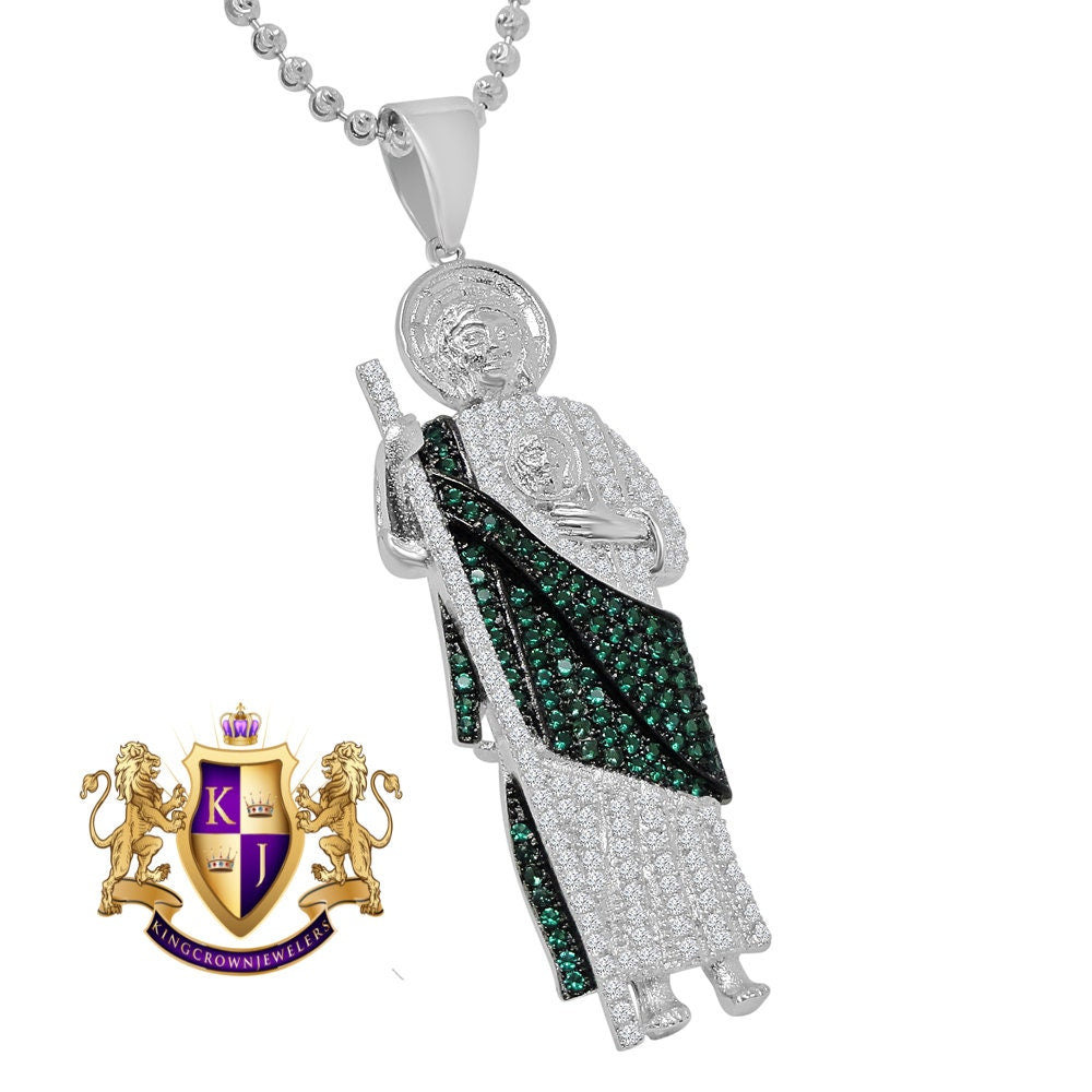 14K White Gold On Real Sterling Silver Simulated Diamond Saint Jude San Judas Tadeo Pendent Charm Chain Set 2.15''