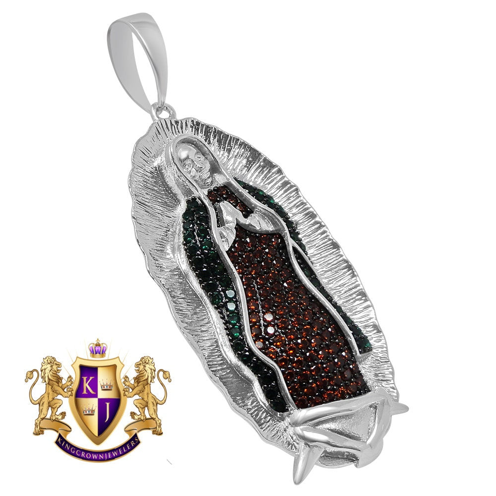 Multi Tone Real Sterling Silver White Gold Finish Virgin Mother Mary Guadalupe Charm Pendent 2.5''