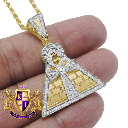 Authentic Real Sterling Silver 14K Gold Finish 1.50 Cwt. Simulated Diamond Egyptian Pyramid Ankh Cross Pendant Charm Chain Set Small 1.50''