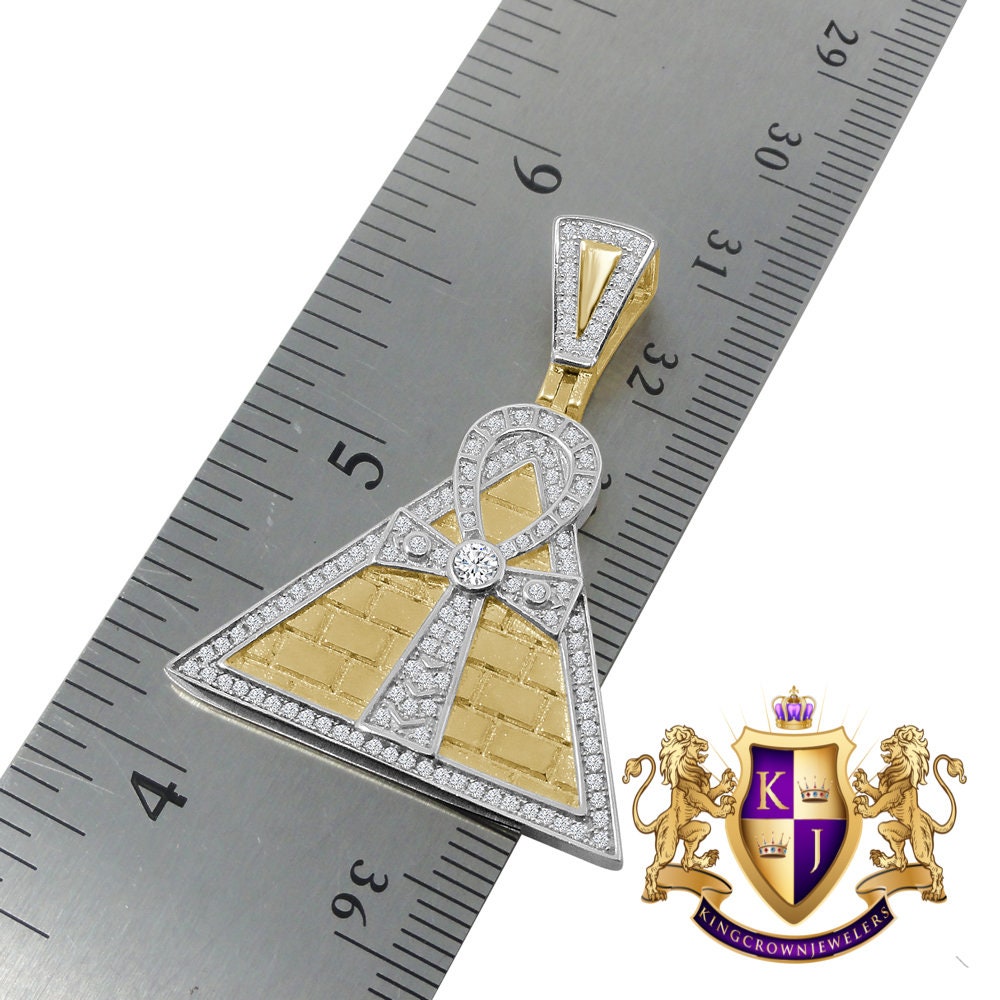 Authentic Real Sterling Silver 14K Gold Finish 1.50 Cwt. Simulated Diamond Egyptian Pyramid Ankh Cross Pendant Charm Chain Set Small 1.50''