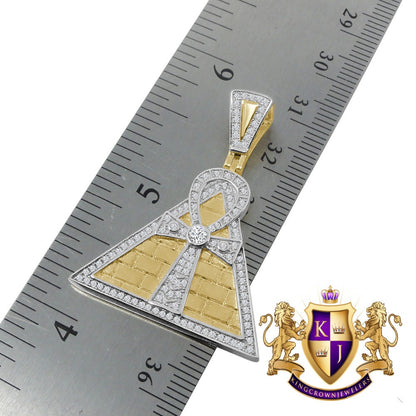 Authentic Real Sterling Silver 14K Gold Finish 1.50 Cwt. Simulated Diamond Egyptian Pyramid Ankh Cross Pendant Charm Chain Set Small 1.50''